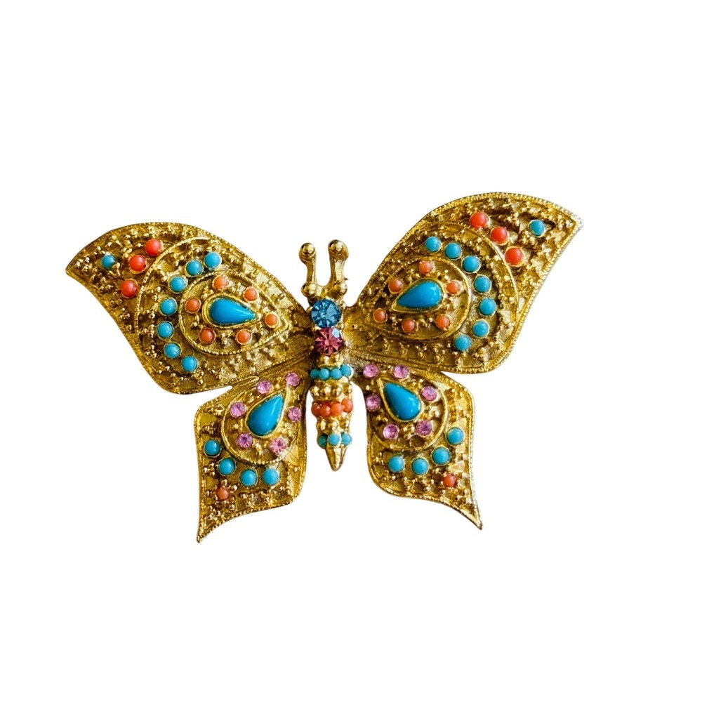 Whimsical Butterfly Rhinestone Brooch Pin VTG Derby Blue Pink Gold Retro Regal